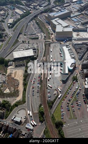 aerial view of Barnsley Interchange, transport hub, with train station & bus station in Barnsley town centre, South Yorkshire Stock Photo