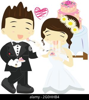Bride and Groom are feeding a cake Stock Vector