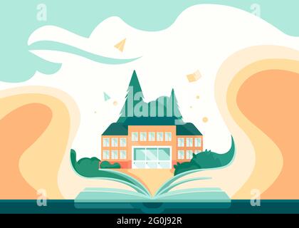 Banner template with book and school building. Flyer design in flat style. Stock Vector