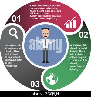 3 step vector element in three colors with labels, infographic diagram. Business concept of 3 steps or options with businessman . Stock Vector