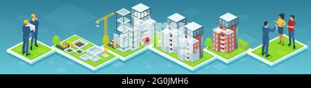 Isometric vector of a building process of a high-rise condo from engineer planning to customer presentation Stock Vector