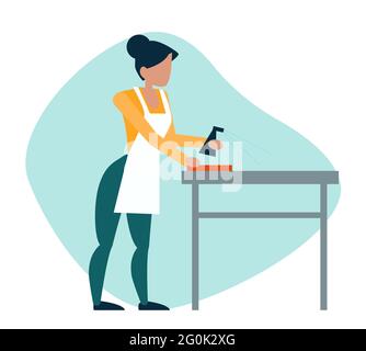 Vector of a maid cleaning a table by spraying solution and wiping with sponge. Stock Vector
