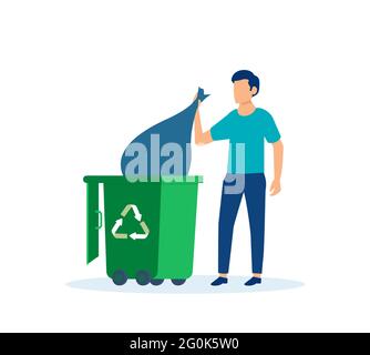 Vector of a young man throwing away trash into trash bin with recycling symbol Stock Vector