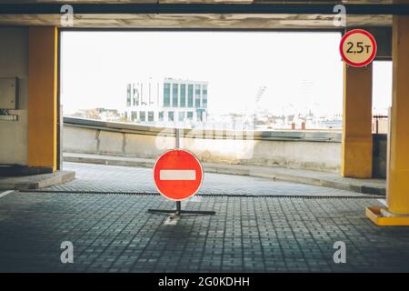 No entry sign at exit from floor of above-ground multi-level car park Stock Photo