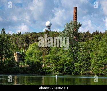 Ökowerk Nature conservation centre in former waterworks building next to Teufelssee lake and old NSA spy station On Teufelberg Hill, Grunewald, Berlin Stock Photo