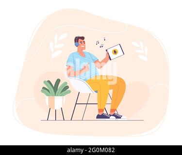 Flat happy teen in headphones sitting at home in chair and using tablet for online self education. Smiling man relaxing and listening to music, radio, lecture, podcast or digital audiobook on device. Stock Vector