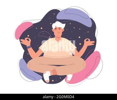 Flat calm man with closed eyes and crossed legs meditating in yoga lotus posture. Happy person doing meditation exercise, mindfulness practice, spiritual discipline. Concept of zen, harmony or health. Stock Vector