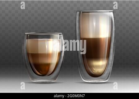 Set of realistic glossy glass cups with double wall full of hot cappuccino or latte. Coffee drinks with milk and foam isolated on transparent background. Template for branding or product design. Stock Vector