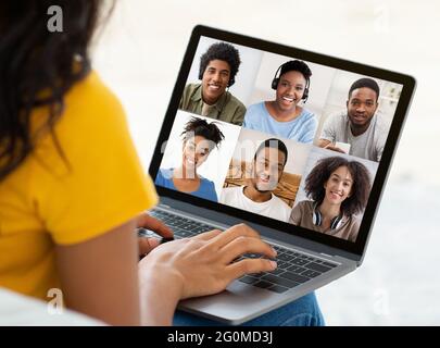 Family involved in group video call distant communication Stock Photo