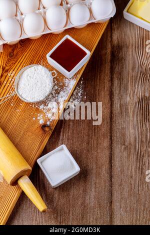 Ingredients for baking cookies flour, eggs and sugar. Stock Photo
