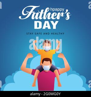 son on his father shoulders on blue background, happy international father's day concept, can be use for card, poster, website, brochure. vector illus Stock Vector