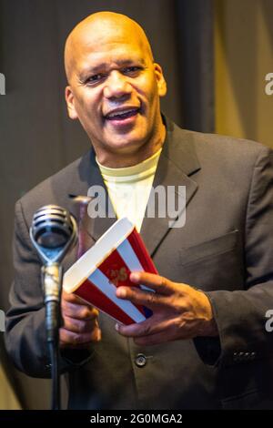 El Gran Combo de Puerto Rico en Toronto, Canada-March 29, 2014.  Richie Bastar Percussionist with El Gran Combo. The popular salsa group El Gran Combo Stock Photo