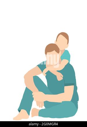 Illustration of father playing with his son while hugging each other on isolated white background without facial expressions. Happy Father's Day 2021 Stock Photo