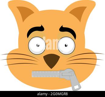 Vector emoticon illustration of a cartoon cat's face with a zipper in its mouth Stock Vector