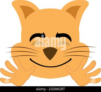 Vector emoticon illustration of a cartoon cat's face greeting with his hands Stock Vector