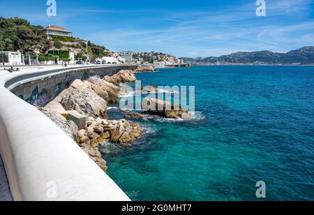 The view from the Corniche Président John Fitzgerald Kennedy to the east and towards the Calanques coast. Stock Photo