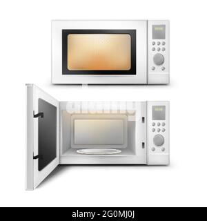 Vector 3d realistic microwave oven with light, timer and empty glass plate inside front view isolated on white background. Home appliance with open and close door to heat and defrost food, for cooking Stock Vector