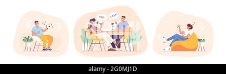 Set of smiling people listening and recording audio podcast or online show vector flat illustration. Joyful person radio host interviewing guest. Characters in chair with device in hand self educate. Stock Vector