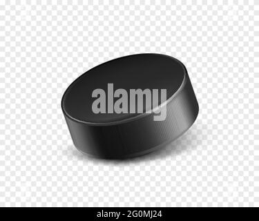 Vector 3d realistic black rubber puck closeup for play ice hockey isolated on transparent background. Sport equipment, inventory or hard round disk for team game on skating rink, competition. Stock Vector