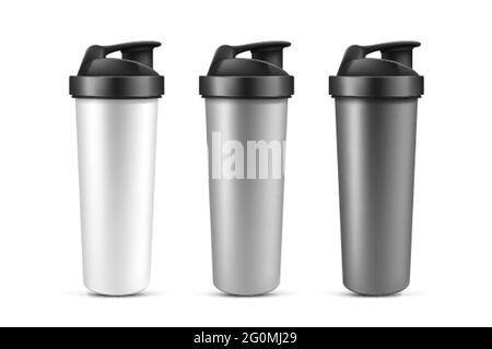 Protein shaker, cup for sports nutrition, gainer or whey shake drink. Plastic sport bottle, mixer for gym fitness or bodybuilding isolated on white background. Realistic 3d vector mockup Stock Vector