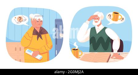 Old woman and senior man suffer from dementia, alzheimer disease, forgetfulness. Elderlies with trouble thinking clearly, mental illness, brain problems, health disorder or loss of short-term memory Stock Vector