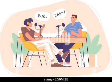 Flat characters with headphones and mic recording audio podcast or online show in studio. Person on radio station host interviewing guest. Happy people in headset talking. Mass media broadcasting. Stock Vector