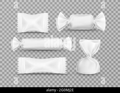 Vector realistic candy paper wrappers for brand ad design on transparent background. Set of illustrations of white glossy plastic packing for candies, chocolate, truffle and pouch sweets production. Stock Vector