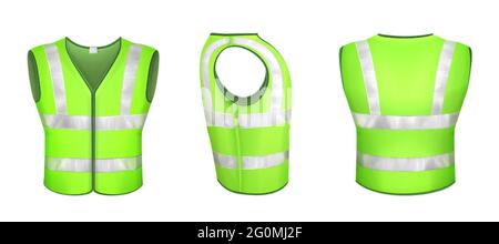 Green safety vest with reflective stripes, uniform for road workers, construction works or drivers. Vector realistic 3d waistcoat with reflectors in front side back view isolated on white background. Stock Vector