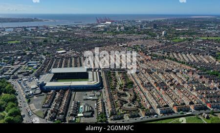 Goodison Park, Everton, Liverpool aerial view of football stadium