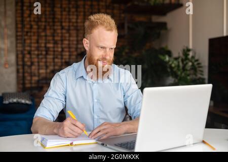 Optimistic ginger-head businessman in formal shirt using laptop computer for researching and studying, bearded red haired freelancer watching webinar and taking notes Stock Photo