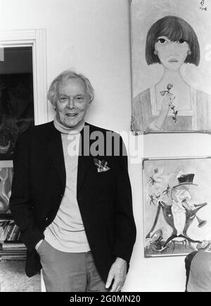 Nils Asther. 1897-1981. Swedish actor who was succeful in Hollywood an starred in movies against Greta Garbo. Pictured here in his home with paintings on the wall he painted himself. 1979 Stock Photo