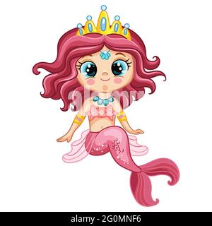Cute pretty little sitting mermaid with pink tail and crown. Cartoon character. Vector isolated illustration on white background. For t-shirt, print a Stock Vector