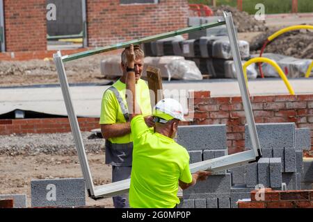 Stages of construction; Farington Mews Beat the Stamp Duty Deadline - Keepmoat homes property developers,  520 new houses development site in Chorley. Builders Start construction on this large new housing estate development site using Lynx precast concrete flooring systems. UK Stock Photo