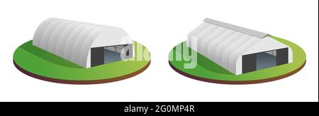 Awning tarpaulin tent temporary warehouse exhibition tunnel hall aircraft hangar set. Barn construction factory building wireframe. Storehouse vector 3d illustration. Isometric eps storage building Stock Vector