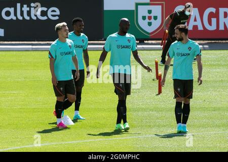 Oeiras, Portugal. 02nd June, 2021. Pedro Goncalves, Nelson Semedo, Danilo Pereira and Bruno Fernandes (L-R) in action during the training session at Cidade do Futebol training ground.Portugal football team trains before competing in the European football championship - EURO 2020 - scheduled to start on June 11th. (Photo by Hugo Amaral/SOPA Images/Sipa USA) Credit: Sipa USA/Alamy Live News Stock Photo