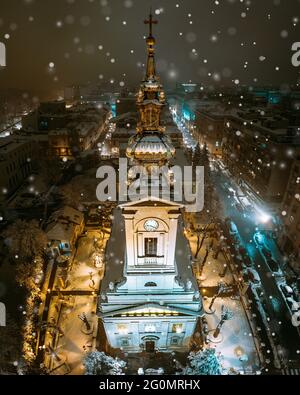 Saborna crkva cathedral in Belgrade during a snowy night Stock Photo