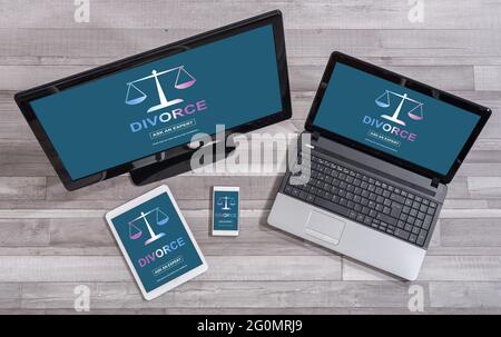 Divorce advice concept shown on different information technology devices Stock Photo
