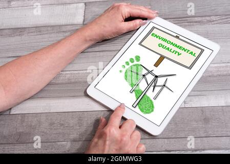 Environmental quality concept shown on a tablet used by a woman Stock Photo