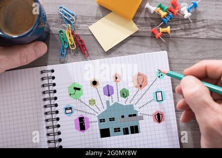 Smart home automation concept drawn on a notepad placed on a desk Stock Photo