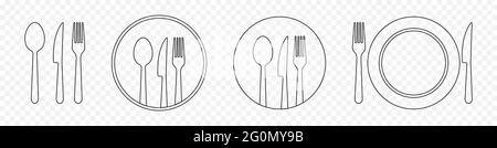 Set of outline cutlery. Fork, knife, spoon and plate. Vector illustration isolated on transparent background Stock Vector