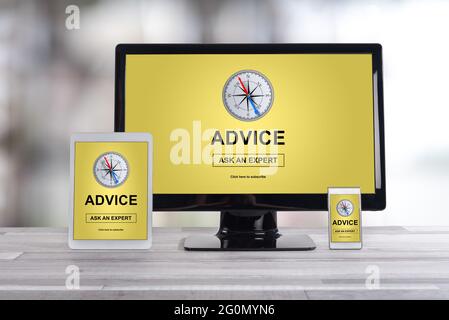 Advice concept shown on different information technology devices Stock Photo