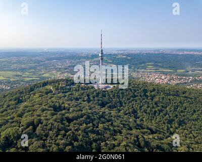 Aerial shot of a TV tower on top of Avala mountain Stock Photo