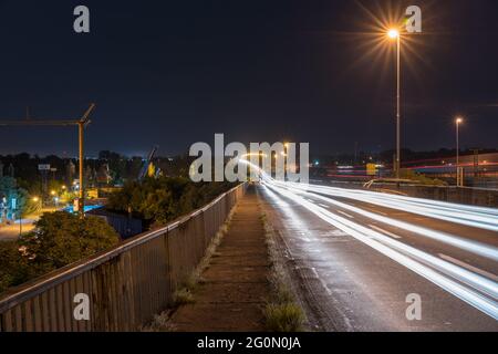 Long exposure of passing vehicles on Pancevacki bridge in Belgrade Stock Photo