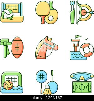 Summer camp activities RGB color icons set Stock Vector