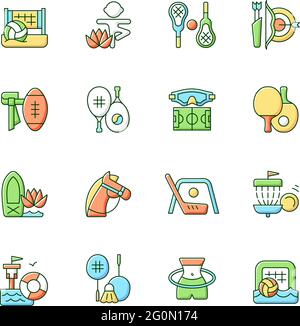 Summer sports and camp activities RGB color icons set Stock Vector