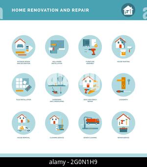 Home renovation and repair icons set with tools, DIY and professional services Stock Vector