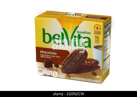 Lancaster, PA.USA - June 1, 2021: A box of chocolate belVita Breakfast Biscuits isolated on white for illustrative editorial. Stock Photo