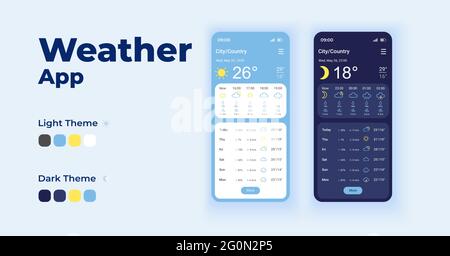 Daily forecasts cartoon smartphone interface vector templates set Stock Vector