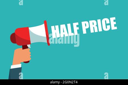 Half Price label. Speech bubbles with megaphone icon. Advertising sticker. Stock Vector