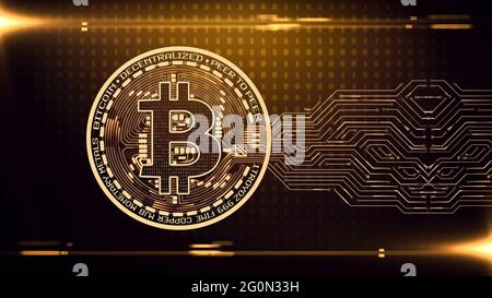 Bitcoin cryptocurrency blockchain on binary golden background. Digital money abstract background in digital cyberspace. Stock Photo